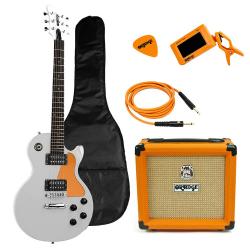 Гитарный набор, включающий в себя электрогитару белого цвета, чехол, комбоусилитель, тюнер, ремень, кабель и медиаторы ORANGE Guitar Pack White