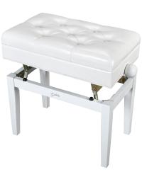 Банкетка для пианино или рояля, деревянная, цвет - БЕЛЫЙ, покрытие - глянцевый лак, имеется ящик для нот, подъемный механизм регулировки высоты 48-58 см. с круглыми деревянными ручками, прямые конусообразные ножки с резиновыми наконечниками, материал сиденья - искусственная кожа с декоративными пуговицами, размер 32х56х57 см., ,  DEKKO JR-80 WH