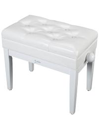 Банкетка для пианино или рояля, деревянная, цвет - БЕЛЫЙ, покрытие - глянцевый лак, имеется ящик для нот, подъемный механизм регулировки высоты 48-58 см. с круглыми деревянными ручками, прямые конусообразные ножки с резиновыми наконечниками, материал сиденья - искусственная кожа с декоративными пуговицами, размер 32х56х57 см., ,  DEKKO JR-80 WH