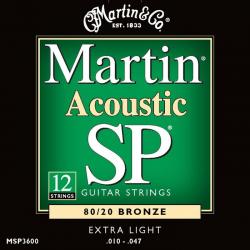 Струны для 12-струнной акустической гитары, калибр 10-47, бронза 80/20 MARTIN MSP3600 Acoustic SP 80/20 Bronze Extra Light 12 String 10-47/10-27