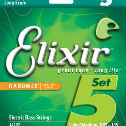 Струны для 5-струнной бас-гитары, калибр 45-135 ELIXIR 14207 Electric Bass Nickel Plated Steel NanoWeb 5-String Light/Medium Long Scale 45-135