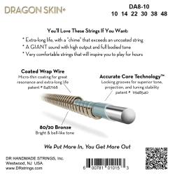 Струны для акустической гитары, Калибр: 10-48, Серия: DRAGON SKIN+™, Обмотка: бронза 80/20, Покрытие: микротонкое DR STRINGS DA8-10