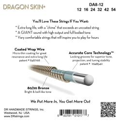 Струны для акустической гитары, Калибр: 12-54, Серия: DRAGON SKIN+™, Обмотка: бронза 80/20, Покрытие: микротонкое DR STRINGS DA8-12