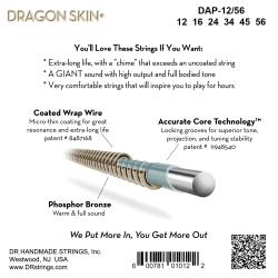 Струны для акустической гитары, Калибр: 12-56, Серия: DRAGON SKIN+™, Обмотка: фосфористая бронза, Покрытие: микротонкое DR STRINGS DAP-12/56