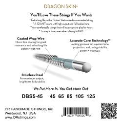 Струны для 5-струнной бас-гитары, Калибр: 45-125, Серия: DRAGON SKIN+™, Обмотка: нержавеющая сталь, Покрытие: микротонкое DR STRINGS DBS5-45