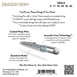 Струны для электрогитары, Калибр: 9-42, Серия: DRAGON SKIN+™, Обмотка: никель, Покрытие: микротонкое DR STRINGS DEQ-9