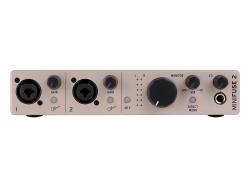 Аудиоинтерфейс USB 24бит/192кГц, два комбинированных входа XLR-1/4” (микрофонный / линейный / инструментальный уровень) с фантомным питанием +48 В, выходы на монитор (L/R Jack), выход для наушников, MIDI In/Out ARTURIA MiniFuse 2 Champagne