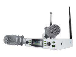 Микрофонная радиосистема UHF 650 - 758 MHz, подавитель обратной связи, цифровая модуляция, LCD дисплей, DSP, ручной микрофон - 2 шт., силиконовые кольца - 2 шт., держатель для микрофона - 2 шт., цвет белый. AXELVOX DX800SW