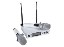 Микрофонная радиосистема UHF 650 - 758 MHz, подавитель обратной связи, цифровая модуляция, LCD дисплей, DSP, ручной микрофон - 2 шт., силиконовые кольца - 2 шт., держатель для микрофона - 2 шт., цвет белый. AXELVOX DX800SW