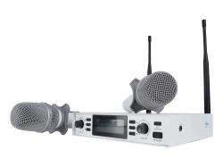 Микрофонная радиосистема UHF 650 - 758 MHz, подавитель обратной связи, цифровая модуляция, LCD дисплей, DSP, ручной микрофон - 2 шт., силиконовые кольца - 2 шт., держатель для микрофона - 2 шт., цвет белый. AXELVOX DX800SW