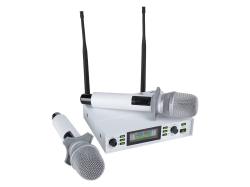 Микрофонная радиосистема UHF 650 - 758 MHz, подавитель обратной связи, цифровая модуляция, LCD дисплей, DSP, ручной микрофон - 2 шт., силиконовые кольца - 2 шт., держатель для микрофона - 2 шт., цвет белый. AXELVOX DX800SW
