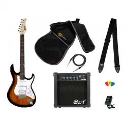 Комплект гитариста: электрогитара G110, комбоусилитель CM10G (10 ватт), чехол,тюнер, ремень, медиаторы, цвет 2-tone burst CORT CGP-110 2-Tone Sunburst