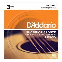 Струны для акустической гитары фосфор/ бронза, Extra Light 10-47 (3 комплекта) D'ADDARIO EJ-15-3D