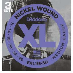 Струны для электрогитары, никель, medium 11-49 (3 комплекта) D'ADDARIO EXL-115-3D