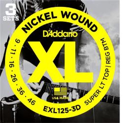 Струны для электрогитары, никель, super light/ regular 9-46 (3 комплекта) D'ADDARIO EXL-125-3D