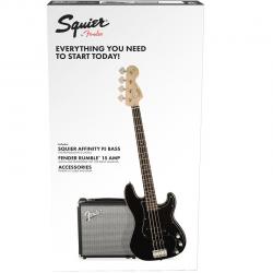 Бас-гитара в комплекте с комбиком и аксессуарами SQUIER by FENDER Affinity Series Precision Bass PJ Pack Laurel Fingerboard Black Gig Bag Rumble 15