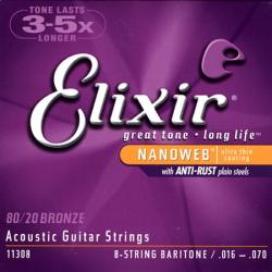 Комплект струн для акустической 8-струнной баритон гитары, бронза 80/20, 16-70 ELIXIR 11308 NANOWEB