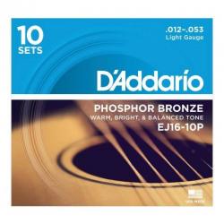 10 комплектов струн для акустичекой гитары, Phosphor Bronze, легкое натяжение 012-053 D'ADDARIO EJ16-10P