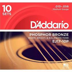 10 комплектов струн для акустичекой гитары, Phosphor Bronze, среднее натяжение, 013-056 D'ADDARIO EJ17-10P