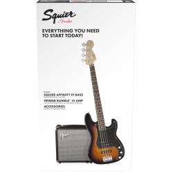 Комплект: бас-гитара, комбик и аксессуары SQUIER by FENDER Affinity Series Precision Bass PJ Pack, Laurel Fingerboard, Brown Sunburst, Gig Bag, Rumble 15 230V EU