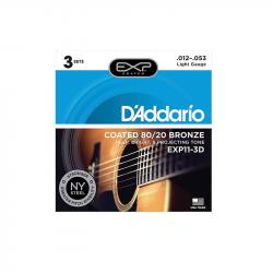 Coated 80/20 Струны для акустической гитары, Light, 12-53, 3 комплекта,  D'Addario D'ADDARIO EXP11-3D