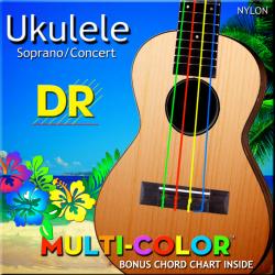 Струны для укулеле сопрано/концерт, нейлон, разноцветные (зелёный, красный, жёлтый, синий) DR STRINGS UMCSC MULTI-COLOR