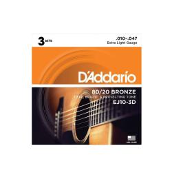 Струны для акустической гитары, Bronze 80/20, 10-47, 3 комплекта D'ADDARIO EJ10-3D