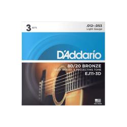 Струны для акустической гитары, Bronze 80/20, 12-53, 3 комплекта D'ADDARIO EJ11-3D