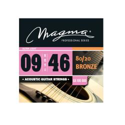 Струны для акустической гитары, Серия: Bronze 80-20, Калибр: 9-11-16-26-36-46, Обмотка: круглая, бронзовый сплав 80/20, Натяжение: Extra Light. MAGMA STRINGS GA100B80