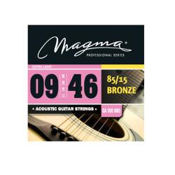 Струны для акустической гитары, Серия: Bronze 85-15, Калибр: 9-11-16-26-36-46, Обмотка: круглая, бронзовый сплав 85/15, Натяжение: Extra Light. MAGMA STRINGS GA100B85