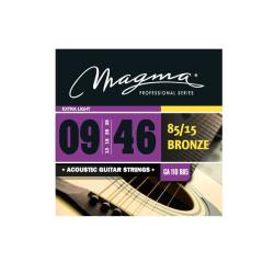 Струны для акустической гитары, Серия: Bronze 85-15, Калибр: 9-13-18-26-36-46, Обмотка: круглая, бронзовый сплав 85/15, Натяжение: Extra Light. MAGMA STRINGS GA110B85
