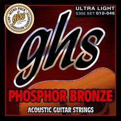 Phosphor Bronze 10-46 струны для акустической гитары, 6 струн, натяжение Ultra Light, навивка кругла... GHS S305