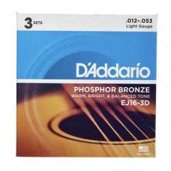 Струны для акустической гитары, фосфорная бронза, 12-53, 3 комплекта в упаковке D'ADDARIO EJ-16-3D