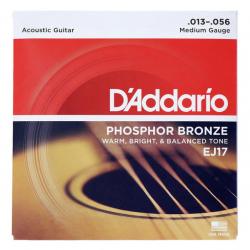 Струны для акустической гитары, фосфорная бронзаа, Medium 13-56 D'ADDARIO EJ-17