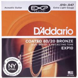 Струны для акустической гитары с покрытием, Extra Light 10-47, 6-гранный корд D'ADDARIO EXP-10 